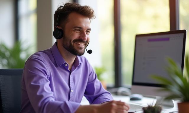 FAQ Kundenservice - freundlicher Support-Mitarbeiter am Schreibtisch
